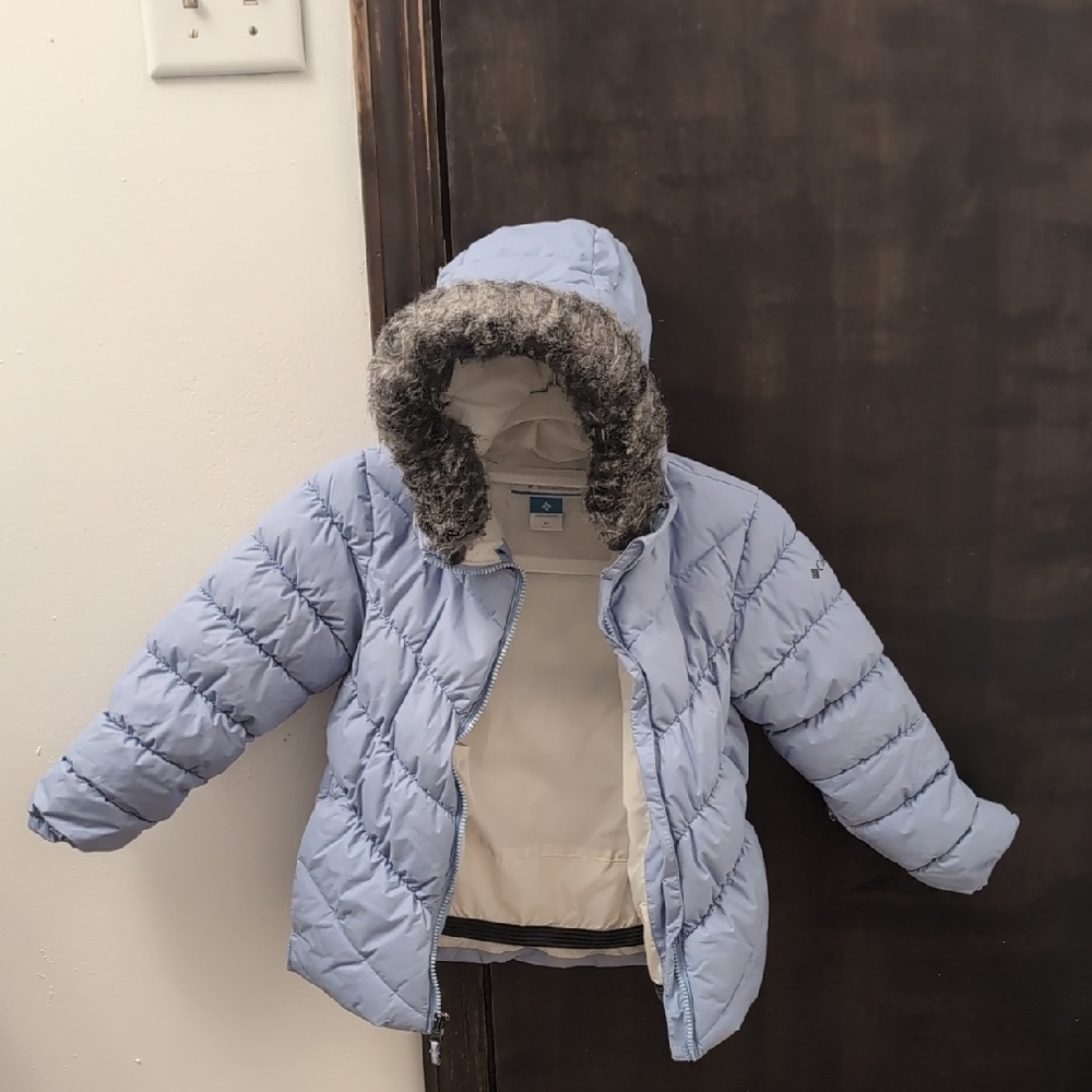 Children's Sky Blue Puffer Coat with Faux Fur Trim